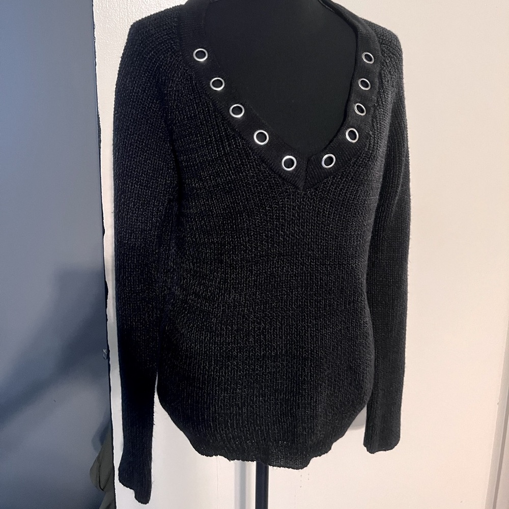 Love tree pullover, black sweater with silver eyelets